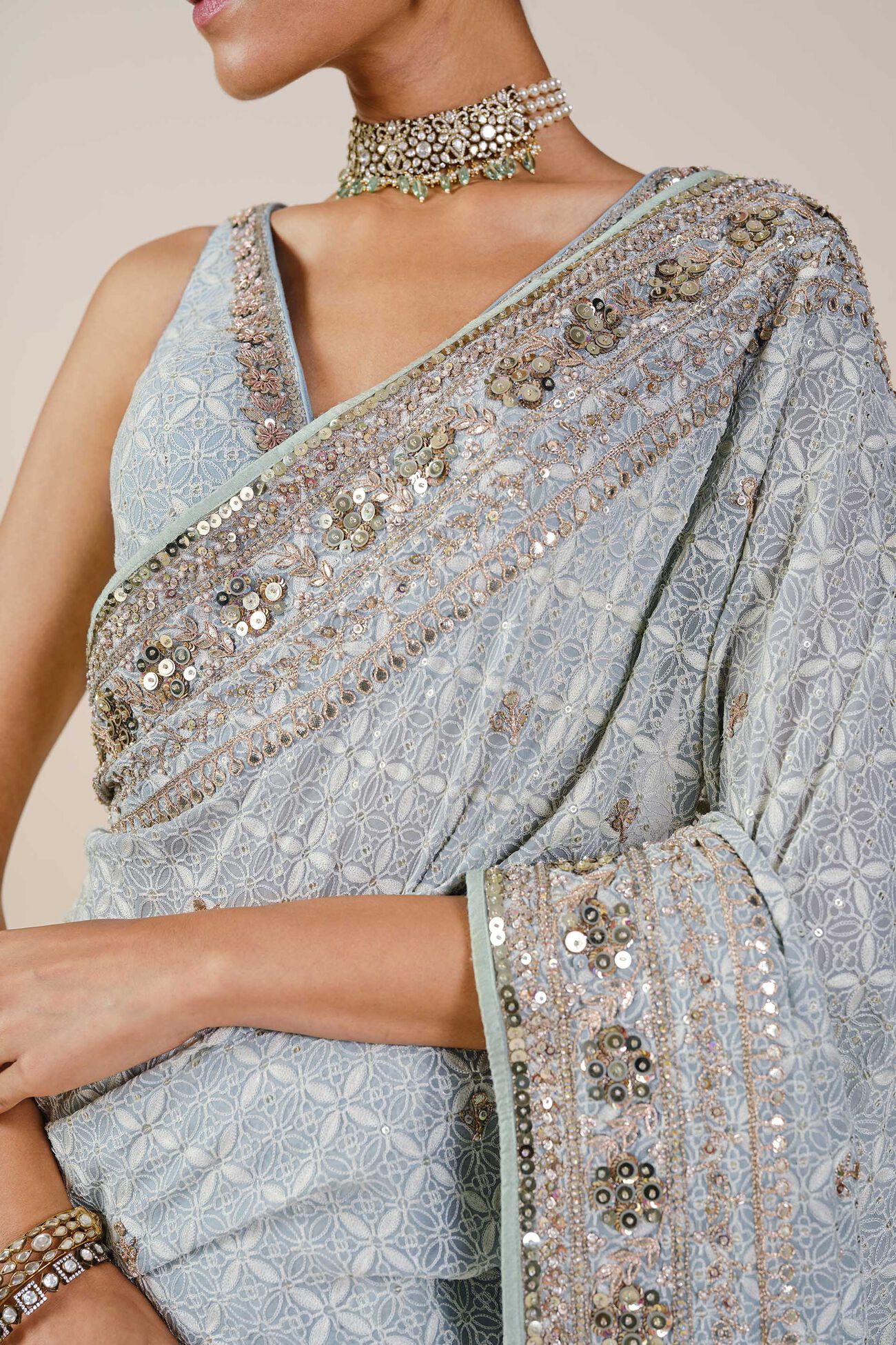 Aaloka Embroidered Georgette Saree - Blush, Powder Blue, image 7